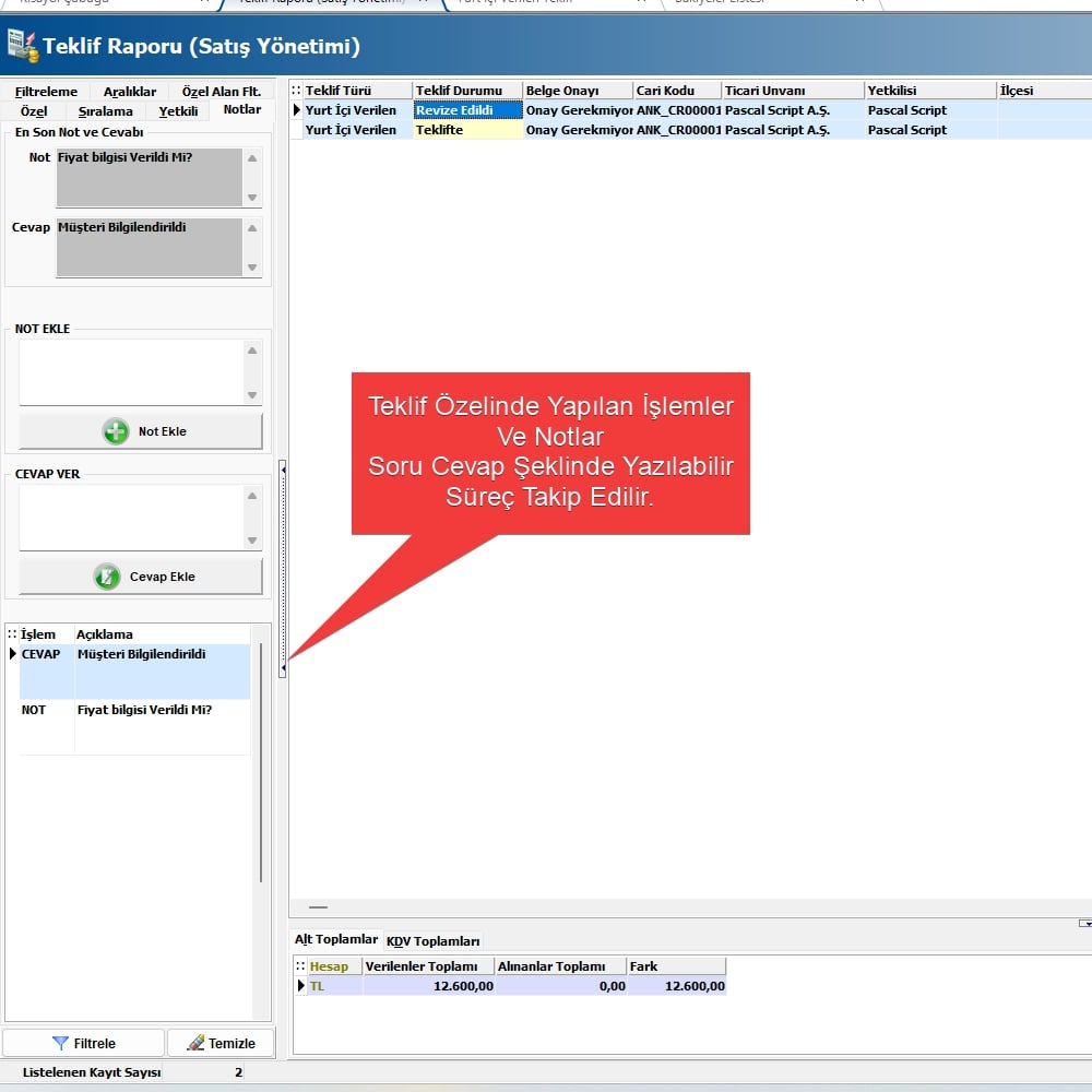 Teklif Ve Cari Özel Notlar Scripti