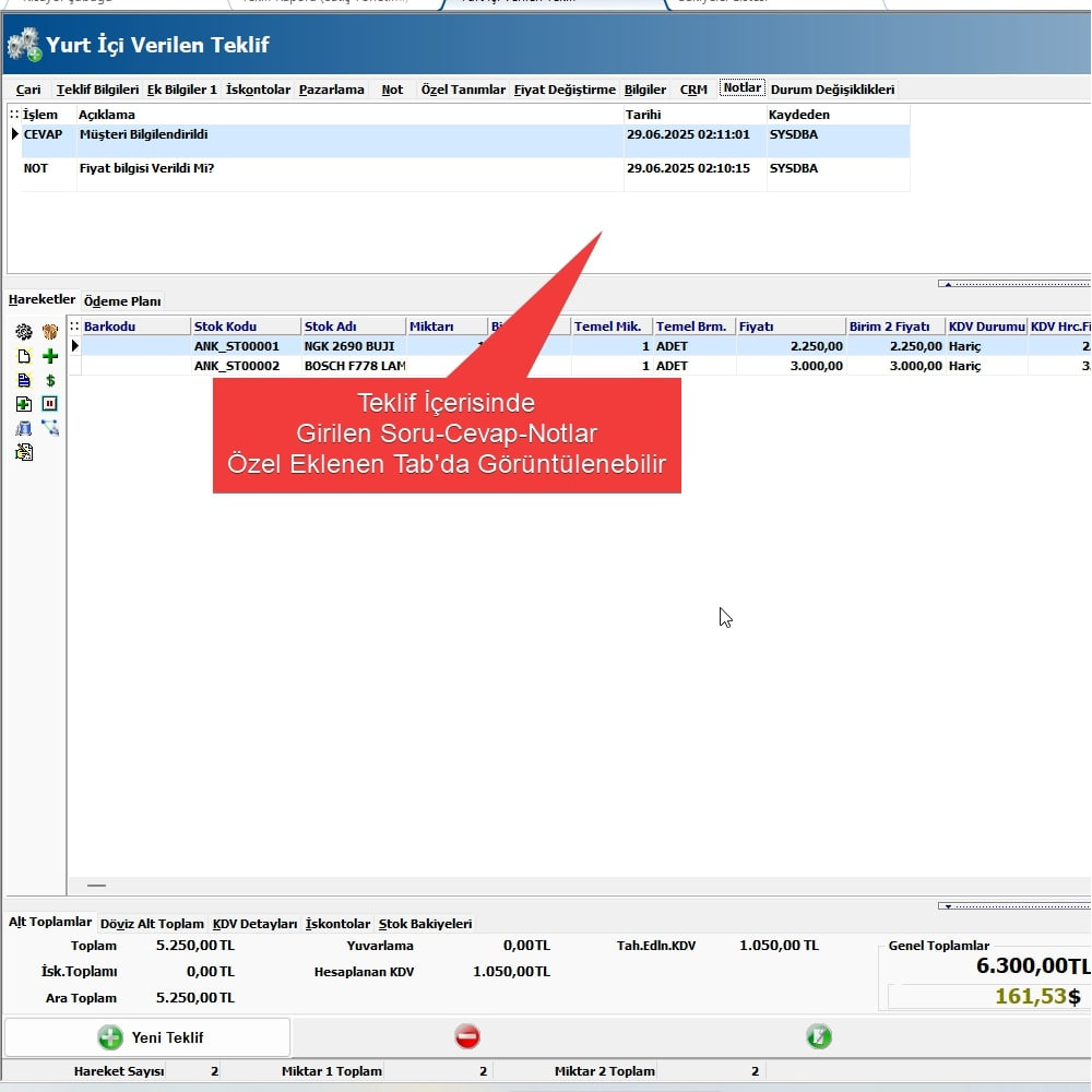 Teklif Ve Cari Özel Notlar Scripti