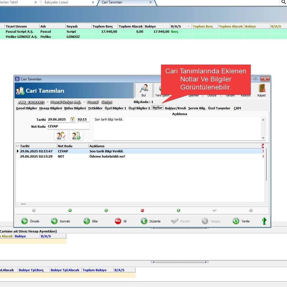Teklif Ve Cari Özel Notlar Scripti